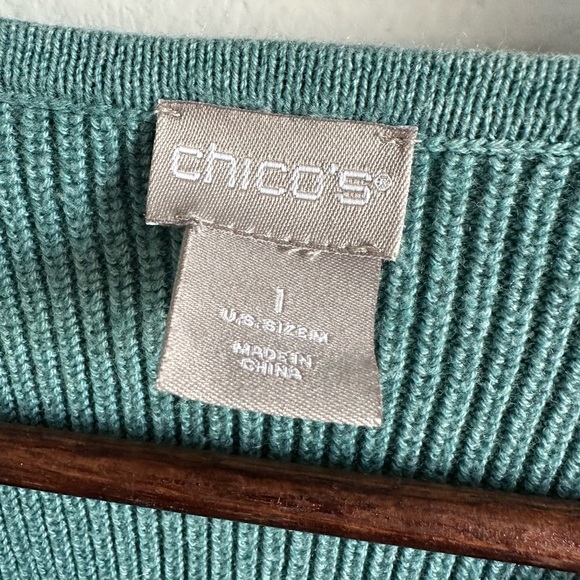Chico's Sweater Women's Size 1 (Medium) V-Neck Ribbed 3/4 Sleeve V-Neck Teal - Picture 7 of 14